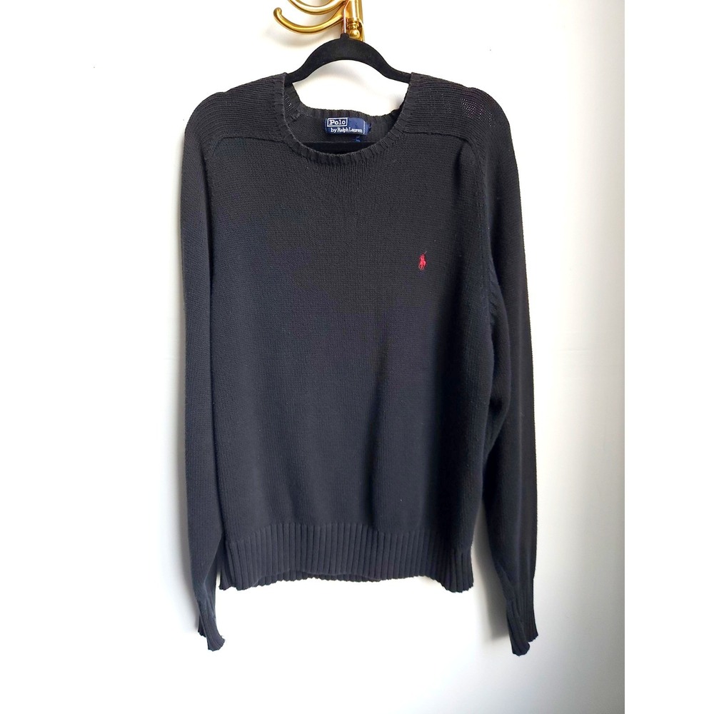 VTG Polo Ralph Lauren Sweater Black Knit Crewneck Embroidered Logo Mens Large
